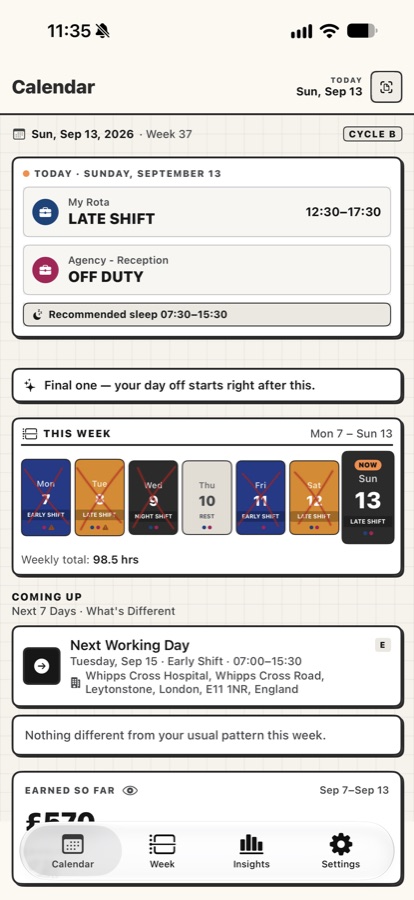 Dashboard with two jobs on the same day, a recommended sleep window, and earnings so far this week