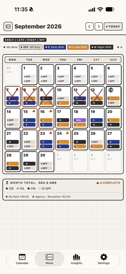 Month view with early, late, night shift chips and a conflicts warning