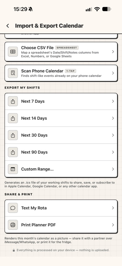 Import and export screen with CSV import, calendar scan, share to Text My Rota, and Print Planner PDF