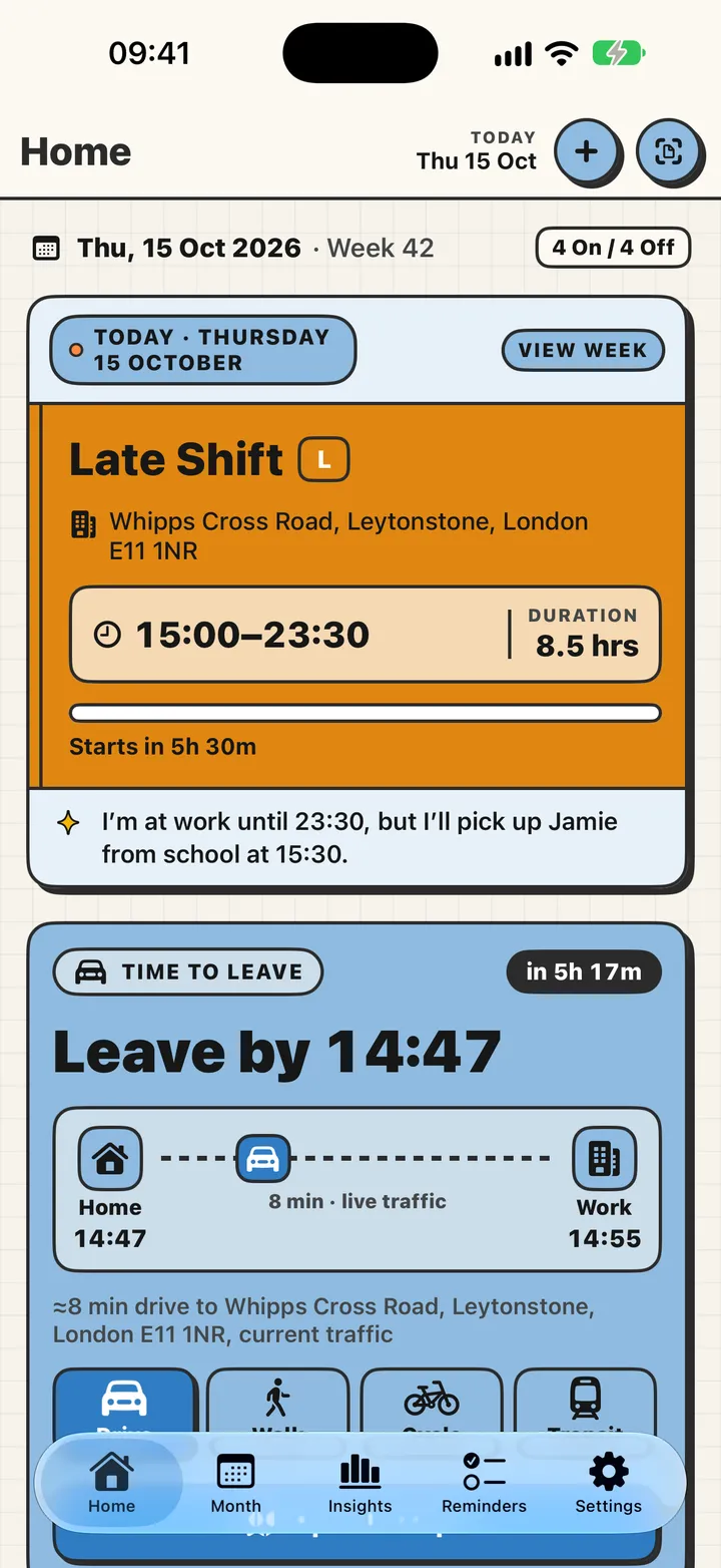 RotaCell home screen showing a late shift, time to leave and a live countdown