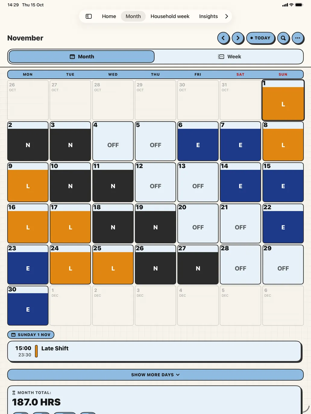 RotaCell on iPad: the month calendar with every shift colour-coded